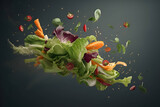 Leaves of salad greens and vegetables fall on a gray background, Generative AI 2
