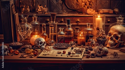 Retro Alchemy: An Old Alchemist's Work Table in a Vintage Wood Background: Generative AI
