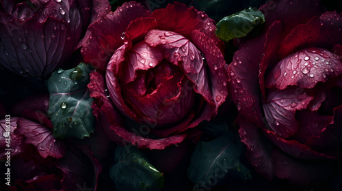 Farm Purple cabbage heads with water drops, banner, Generative AI 1 photo