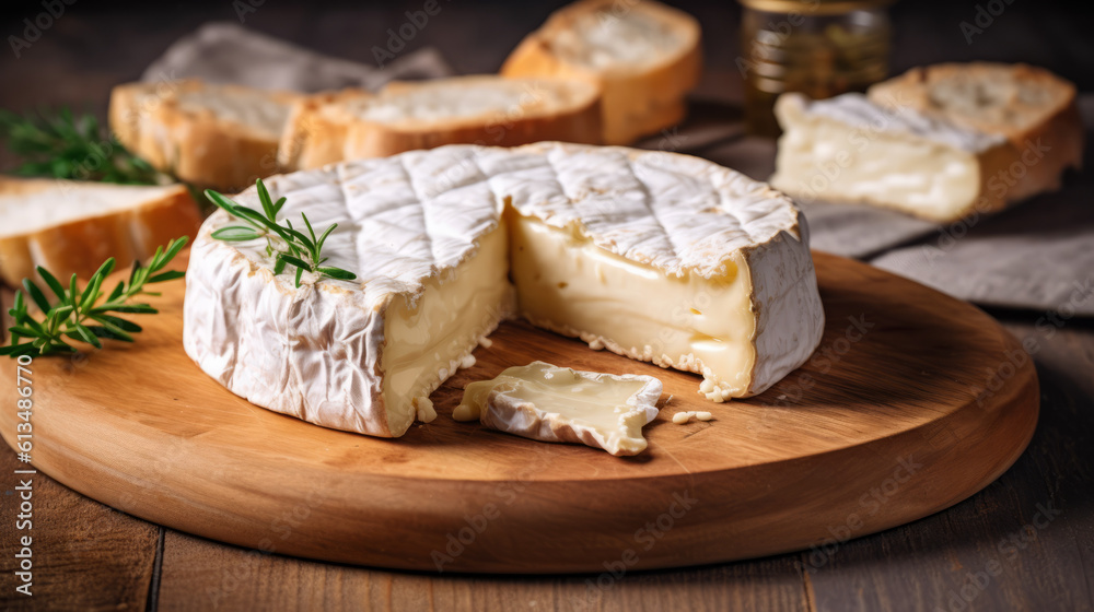 Cut brie cheese a soft French cheese on a wooden board