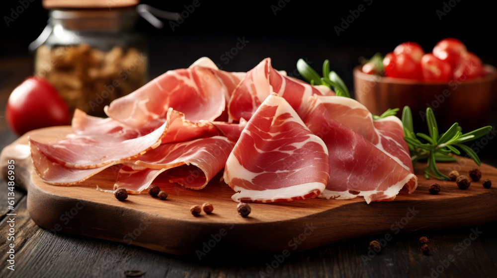 Sliced Prosciutto an Italian cold cut on wooden board Sliced Prosciutto an Italian cold cut on wooden board