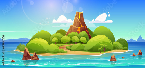 Tropical volcano island in sea cartoon vector landscape background. Exotic volcanic isle with palm tree forest in ocean water. Beautiful tropic tourism green seaside coast nature on sunny day.
