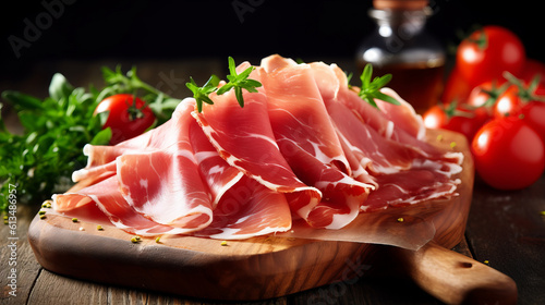Sliced Prosciutto an Italian cold cut on wooden board