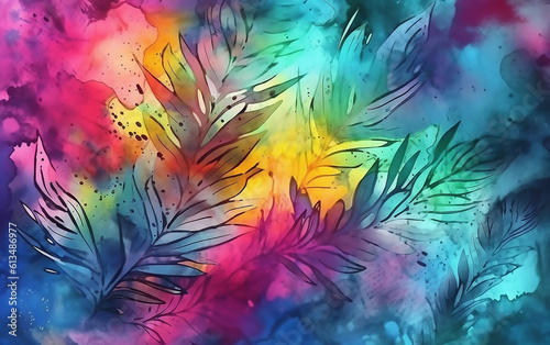 Abstract watercolor summer background with leaves. Generative AI technology. © Aleksandr