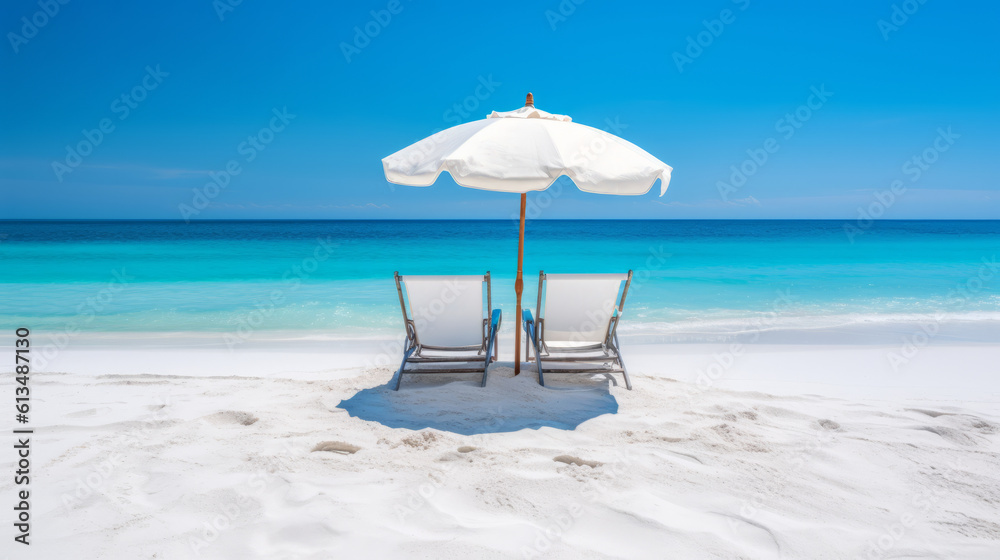 Two beach chairs and an umbrella on a beautiful white sand beach in front of the ocean on sunny day