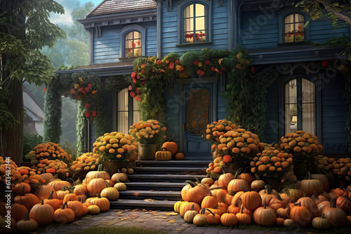 House facade with autumn decorations for Halloween celebration. Created using generative AI tools