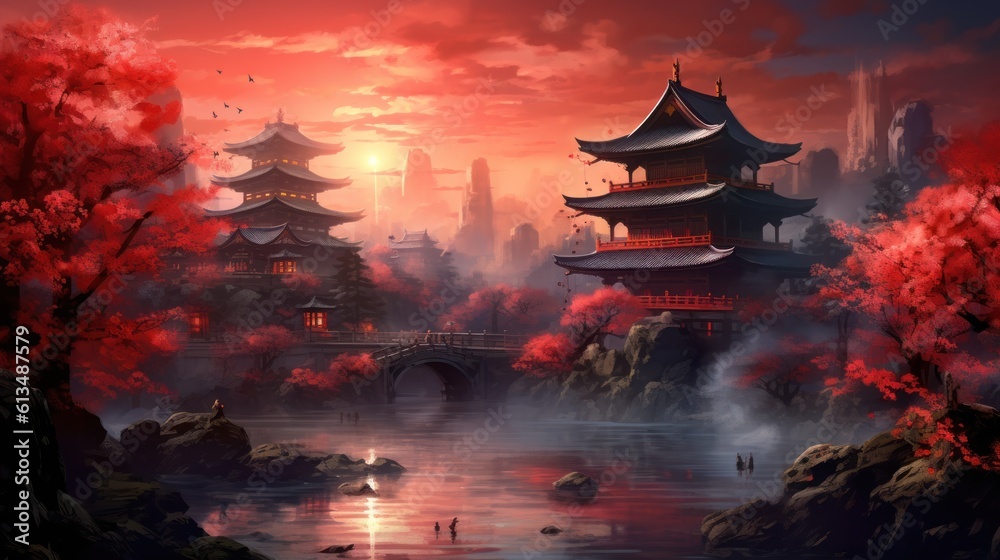 Japan fantasy style scene art