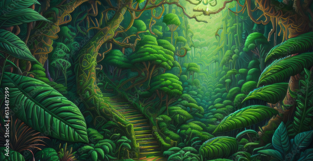 The jungle nature background is cosmetic against the Green tropical forest with exotic plants trees big leaves generative ai The jungle nature background is cosmetic against the Green tropical forest with exotic plants trees big leaves generative ai
