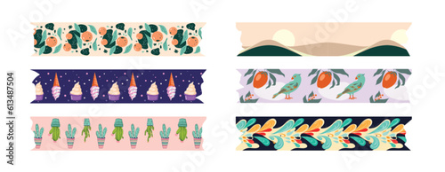 Washi tapes, scrapbook paper strips with cute patterns. Stickers for label and borders craft, japanese adhesive tapes with pastel decoration with birds, fruit and ice cream, vector cartoon set