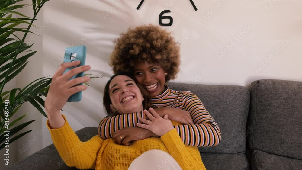 Happy Multiracial Lesbian Couple Celebrating Together With Engagement