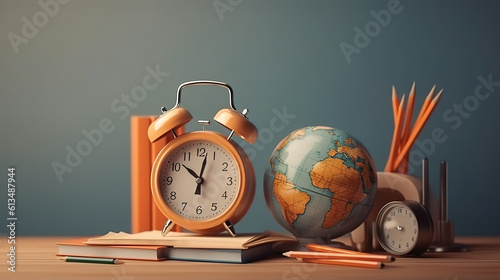 world globe, school stationary and alarm clock. Generative Ai