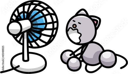 扇風機で涼むにゃんまるのイラスト　猫