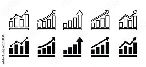 Growing graph icon set. Marketing or business chart with arrow. Profit growing, progress bar, growth success arrow, chart increase profit, bar diagram icons symbol. Vector illustration