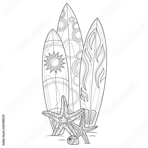Surfboards and starfish.Coloring page antistress for children and adults. Illustration isolated on white background.Zen-tangle style. Hand draw
