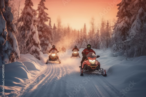 Snowmobilers riding through a winter wonderland, showcasing the adrenaline and adventure of exploring snowy terrain. Generative Ai