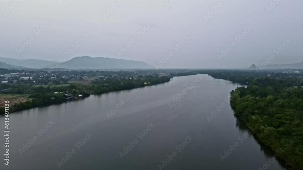 Aerial drone shot of Kampot, Cambodia showing the village with mountains in the background Aerial drone shot of Kampot, Cambodia showing the village with mountains in the background