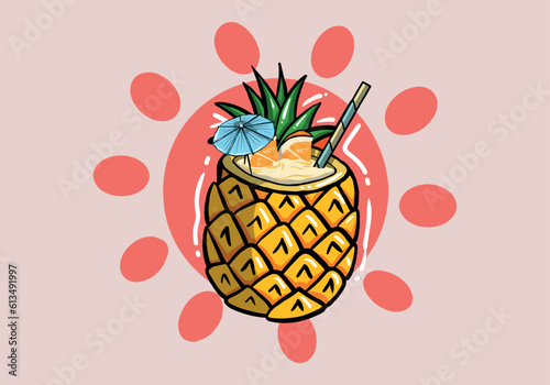 Pineapple cocktail garnished, pineaple leaves, colorful straw tube and two slices of orange isolated on background. Vector illustration