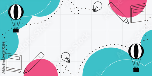 back to school background, note paper with book, pencil, hot air balloon and idea icons. vector cartoon kids	