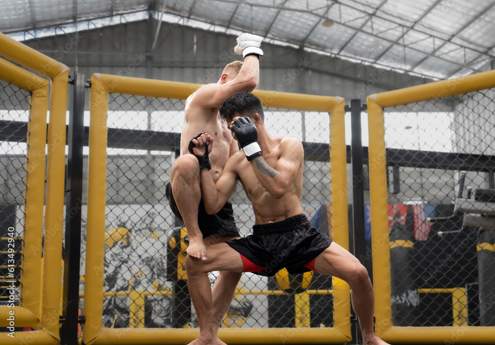Fototapeta premium Two male athlete boxing competition in ring. Diverse ethnic men punch fighting in MMA kickboxing exercise in fitness gym. Boxing is fighter sport training need body strength and power fist to knockout