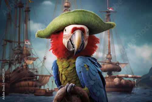 Cheeky Parrot in Pirate Hat.
A charismatic, photorealistic parrot wearing a pirate hat, perched on a wooden post in a tropical setting, cheekily grinning at the camera photo