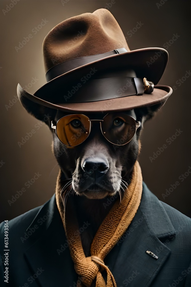 dog portrait with wearing hat and sunglasses 02. Generative AI