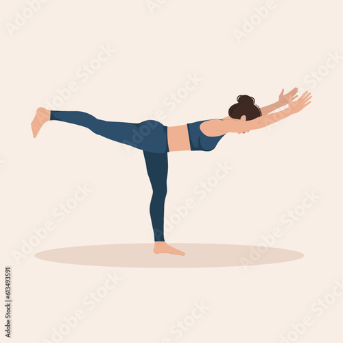  Woman training yoga asana Warrior Pose III . Young girl practice Virabhadrasana III on light background, vector illustration