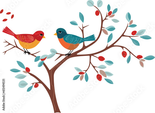 two birds sitting on the tree illustration for wall art and decoration