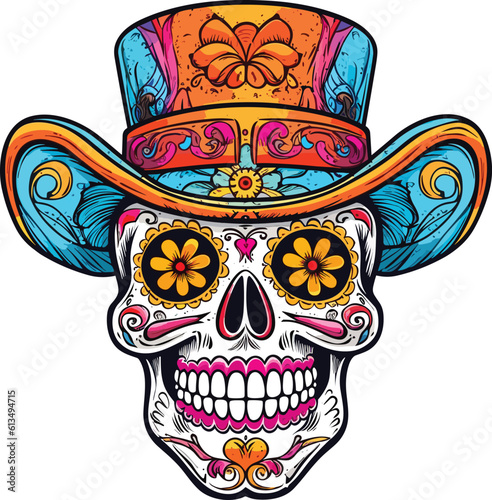 cinco de mayo sugar skull illustration, sugar skull wearing hat t-shirt design
