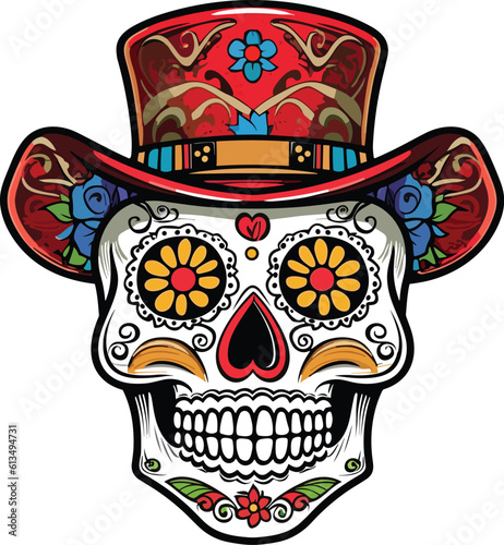 cinco de mayo sugar skull illustration, sugar skull wearing hat t-shirt design