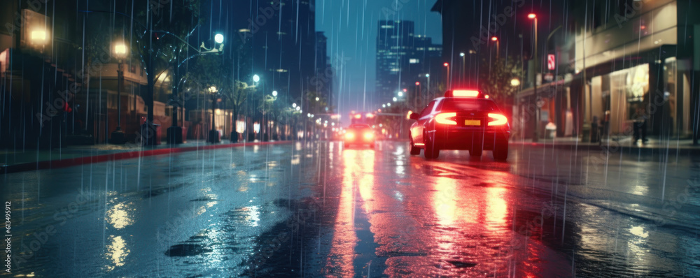 Midnight Road Adventure: Car Headlights on a Wet Asphalt Road. Illegal Night Racing or Gang Crime in Dark Alley Concept