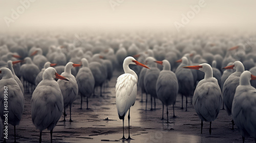 Unique Presence: White Bird Standing Out from the Crowd. 
