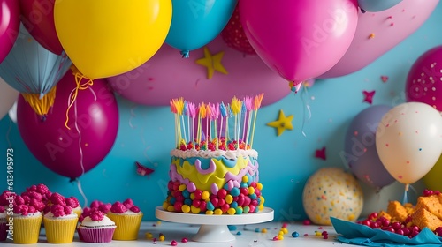birthday cake and balloons. Generative AI