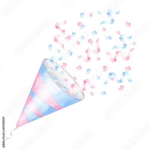 Pink blue party poppers with confetti. Hand drawn watercolor illustration isolated on white background. For gender reveal party, baby shower, children's holiday