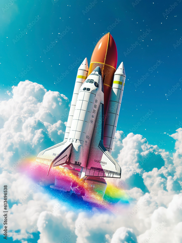 Naklejka premium Space ship, shuttle, rocket flying toward the clouds Illustration Wallpaper. project start up concept. Generative AI