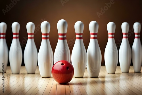 Fotografija Bowling pins lined up with a red ball in front