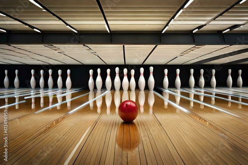 Bowling pins lined up with a red ball in front. Created with generative Ai technology.