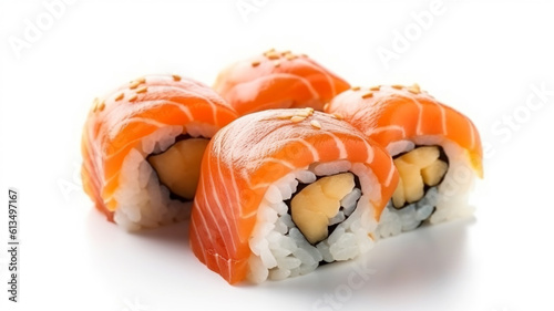 Fresh japanese salmon sushi on white background isolated copy space, wallpaper