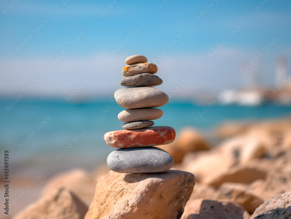 Pyramid stones balance on the beach against the background of the sea and the sky Pyramid stones balance on the beach against the background of the sea and the sky
