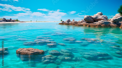 A beautiful caribbean sea lagoon with sandy beach, turquoise water and rocks