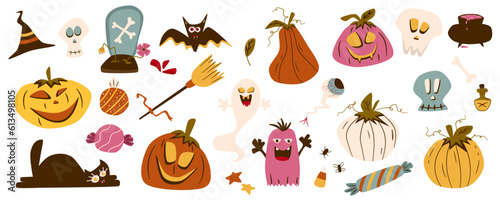 Retro Groovy Halloween clipart with pumpkin, ghost, cat and skull. Trippy retro spooky elements. Groovy boho vector illustration. Autumn october holiday.