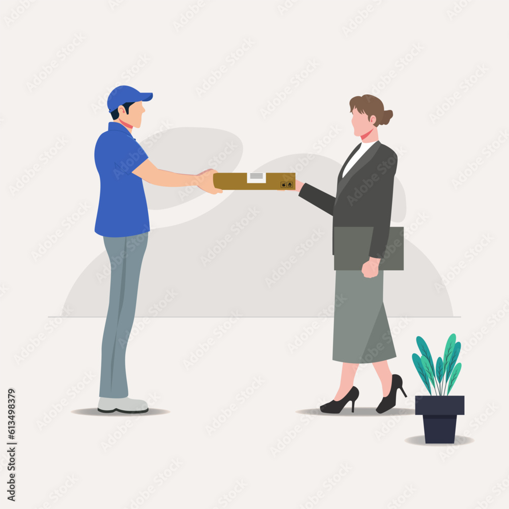 Delivery man gives package to the businesswoman vector illustration Delivery man gives package to the businesswoman vector illustration