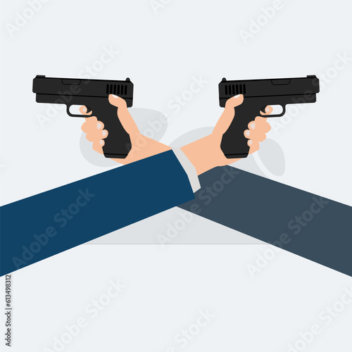 Businessman hands hold the gun. Hand aiming guns to each other vector
