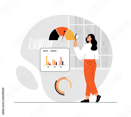 Benchmarking concept. Benchmark business development. Analysis financial statistics, data, graph, chart, report of a leader competitor's company. Illustration with people scene in flat design for web photo