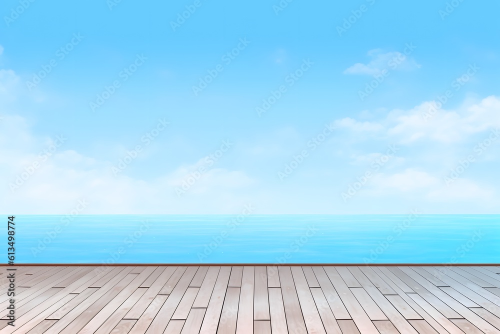 Beautiful beach with blue sky background with plank. Generative AI Beautiful beach with blue sky background with plank. Generative AI
