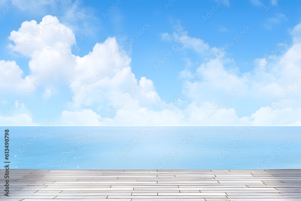 Beautiful beach with blue sky background with plank. Generative AI