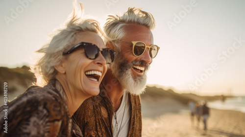 A portrait of an older couple with grey hair having fun and laughing on a beach Generative AI