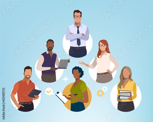 Successful leader and his team. Business vector illustration. 