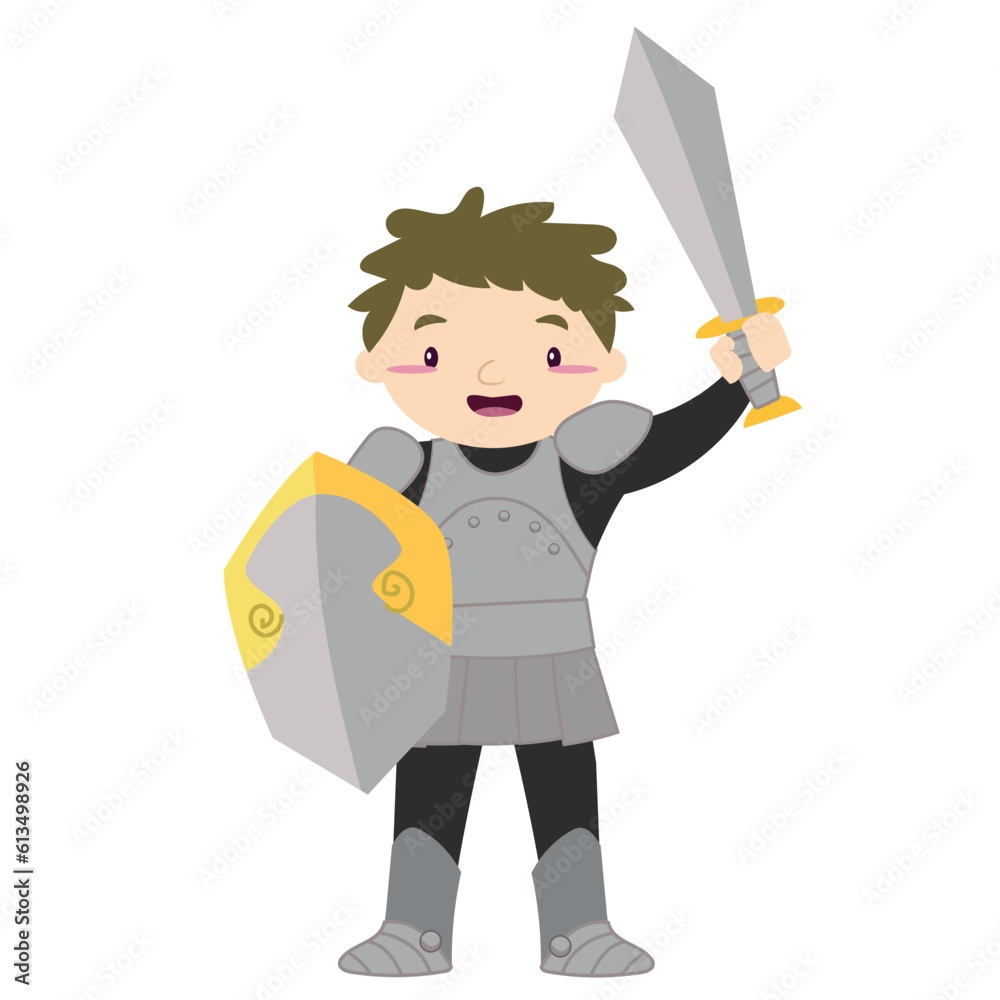Clipart on white background of cute knight in armour and holding a sword and shield. Medieval fairytale kingdom’s guard character. Vector outline fantasy monarch kingdom.