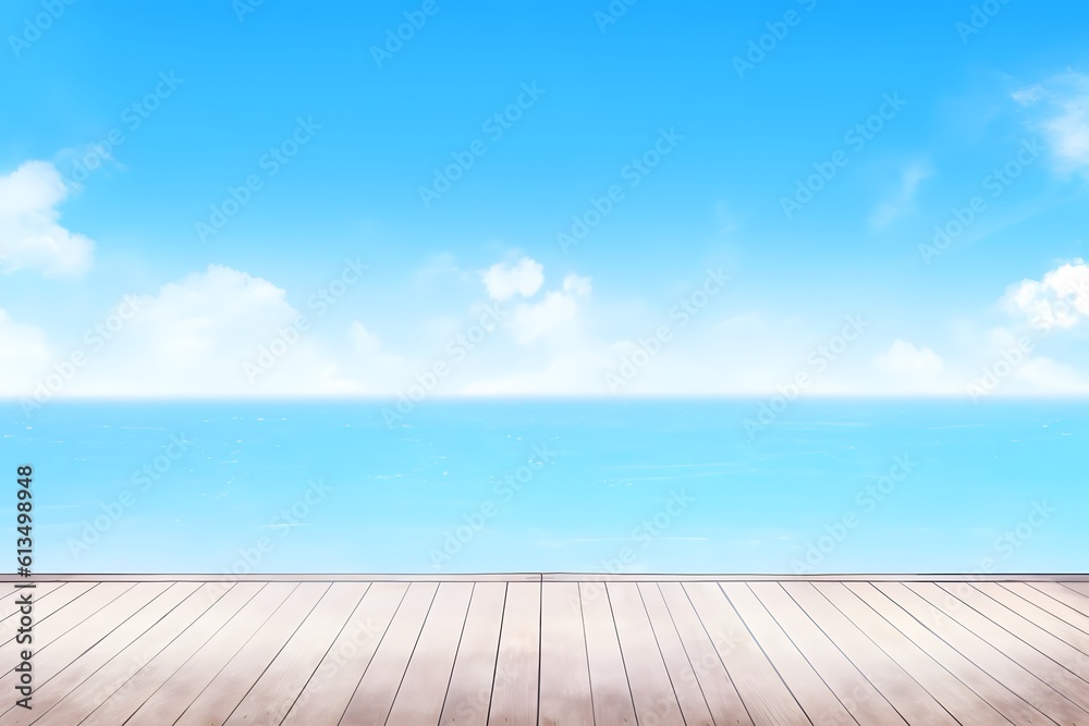 Fototapeta premium Blue sky with wood floor. abstract on vacation summer ocean beach. Generative AI