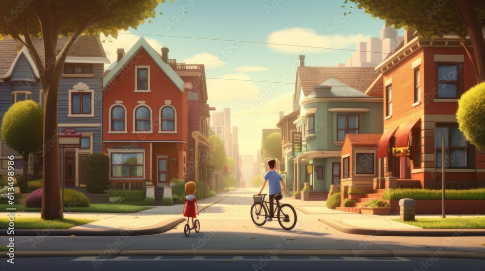Fototapeta premium Pedaling Together, Heartening Father's Day depiction created in 3D realism, minimalist style, featuring a father teaching his child to ride a bicycle